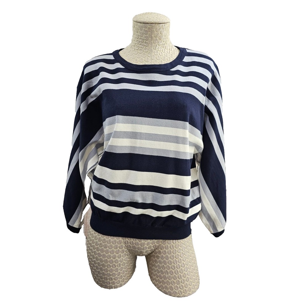 CATHERINE MALANDRINO Blue Striped Puff Sleeve Pullover Sweater‎ Women's L EUC